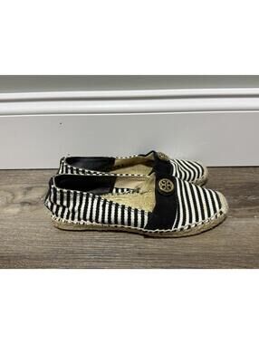 Tory Burch Beacher Striped Canvas Espadrille Flats Gold Logo Shoes 6 Nautical